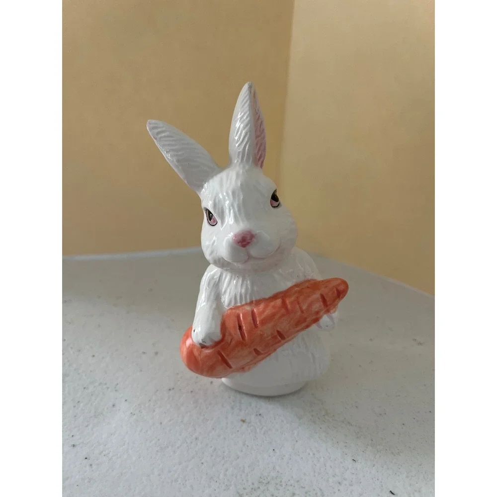 Vintage Ceramic White Rabbit Figurine with Carrot Easter Bunny Decor 4.5 Inch
